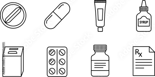 Essential medicine icons for healthcare designs: Pills, capsules, syrup, ointment, and prescriptions for medical and pharmaceutical projects