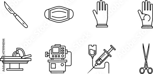 Surgical tools and medical equipment icons symbolizing healthcare, surgery, and hospital procedures in a modern, clean vector graphic design