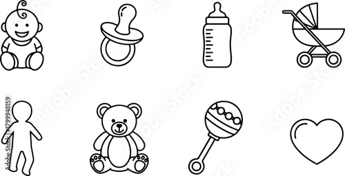 Adorable baby icons set for nursery decor and baby shower invitations, originally a vector design, perfect for baby announcements and apparel designs