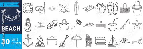 A comprehensive set of 30 beach-themed line icons, including vacation items, water sports, and seaside elements. Perfect for summer designs, travel applications, and web. Editable.