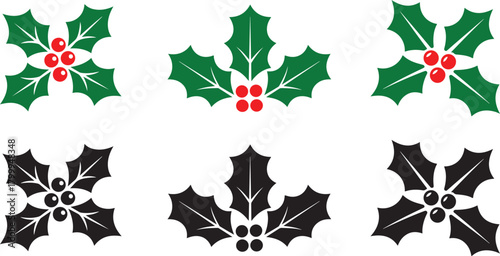 Festive Holly Berry Icons Decorative Christmas Foliage for Graphic Design Projects and Seasonal Celebrations