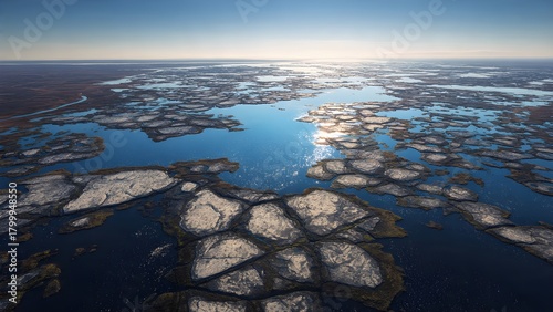 Tundra with permafrost polygons flat, treeless land patterned with geometric cracks and pools formed by frozen ground shifting
