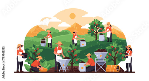 Farmers diligently harvesting bountiful crops in lush green fields under a warm, sunny sky