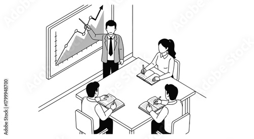 A business meeting is taking place, with a man presenting a graph to colleagues.