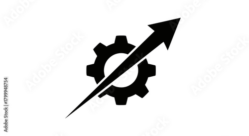 Black gear and upward arrow icon symbolizing progress, efficiency, development, and optimization in business or industry processes.