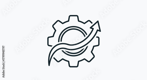 Line icon of a gear with an upward arrow symbolizing growth and efficiency.