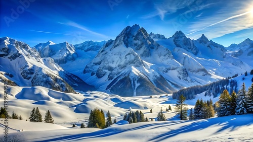 Majestic snow covered mountains under a bright blue sky
