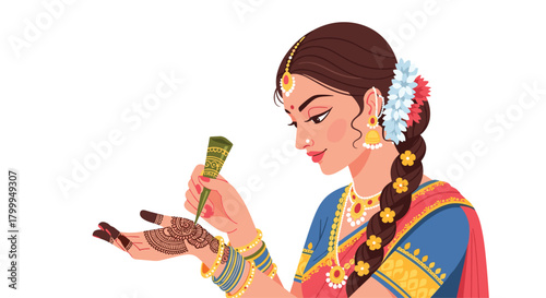 Elegant Indian woman adorning hands with intricate henna designs, celebrating tradition and beauty with vibrant cultural attire