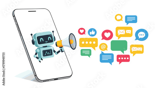 Adorable AI robot megaphone announces digital messages and social media engagement from a smartphone screen