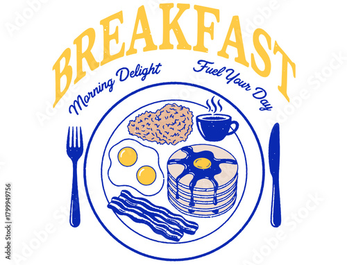 A vintage-style "BREAKFAST: Morning Delight" illustration. Shows a platter with pancakes, eggs, bacon, hash browns, and coffee.