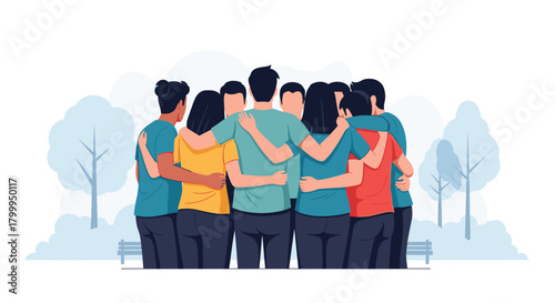 Diverse group of friends embracing in a park, symbolizing unity, connection, and strong community bonds