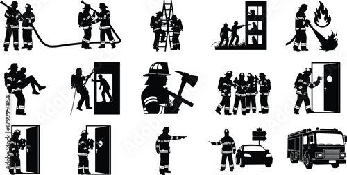 firefighter, rescue, silhouette, posture, motion, hose, ladder, gear, axe, truck, icon, team, spray, save