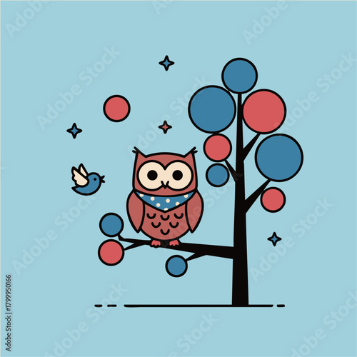水玉スカーフを巻いたフクロウが抽象的な実の木に止まる愛らしいベクターイラスト