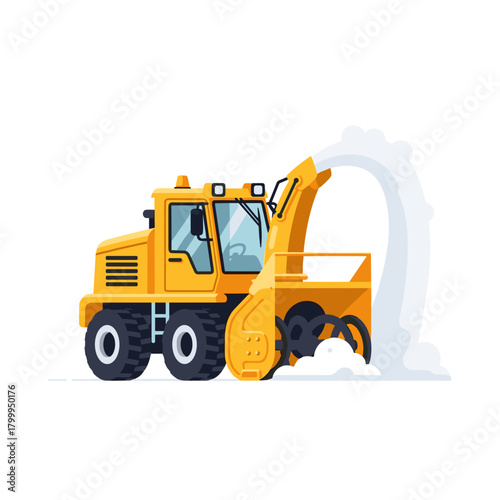 Snowplow clearing street in heavy snowfall with yellow blower machine  