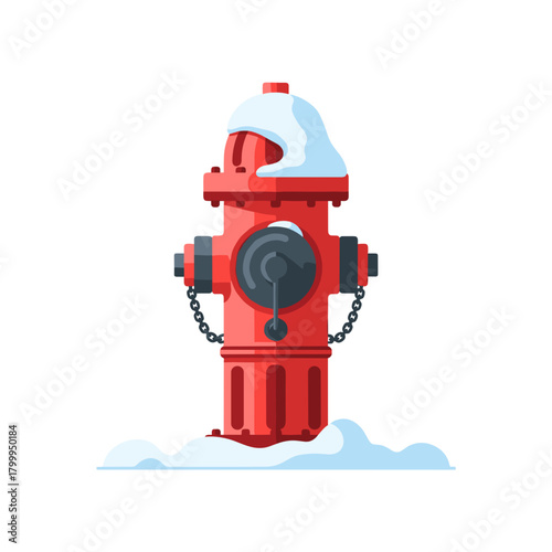 Red fire hydrant covered in snow on white background  