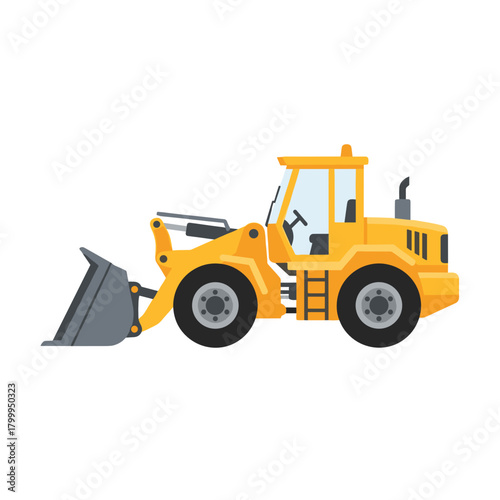 Yellow wheel loader with snow bucket attachment clearing street  