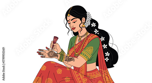 Elegant Indian woman in traditional sari meticulously applying intricate henna mehndi designs to her hand for festive celebration