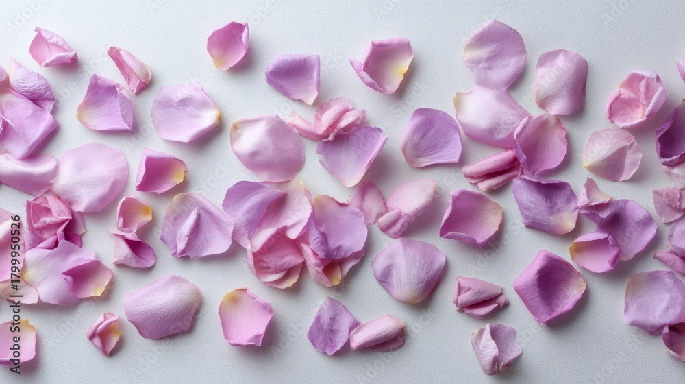 Obraz premium Soft pink rose petals scattered on white textured background with gentle edges and ample copy space for delicate floral design or romantic themes
