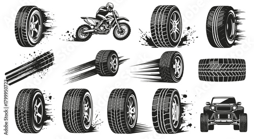 Tire tracks and wheels with motion blur, motorcycle and off-road vehicle.