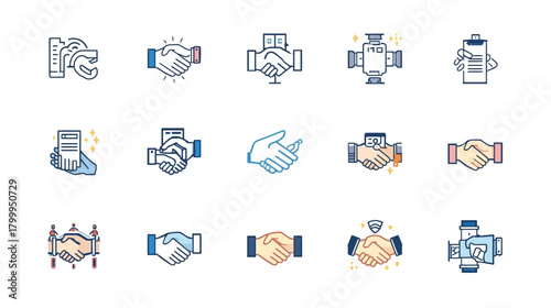 Collection of handshake icons in blue and orange, symbolizing partnership and agreement.