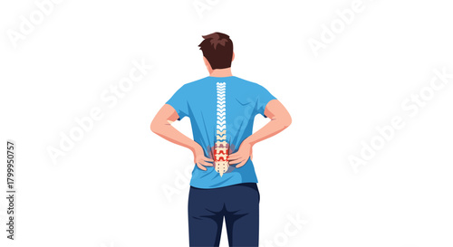 Man experiencing painful lower back discomfort with highlighted spinal vertebrae indicating injury or strain