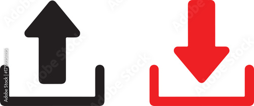 Simple flat design upload and download icon set. Black upward arrow and red downward arrow for data storage and file transfer