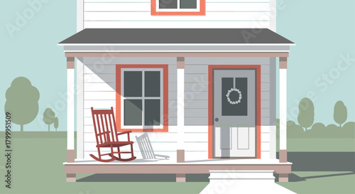 Charming farmhouse porch with a classic red rocking chair, inviting relaxation and peaceful moments on a serene day