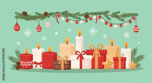Warm festive candles glow amidst beautiful Christmas gifts and pine garland, creating a cozy holiday celebration ambiance