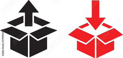 A versatile set of flat vector icons in black and red, representing concepts of packing, unpacking, import, and export