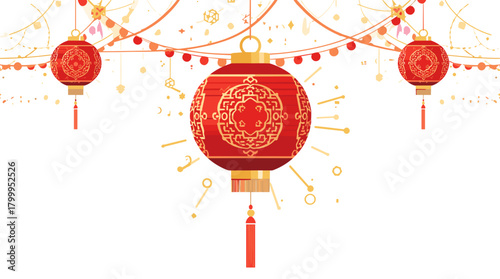 Red lantern decoration lunar new year glowing ornate lantern with geometric gold patterns in festive setting