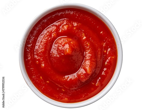 An isolated top view of a hot tomato sauce bowl on a white background