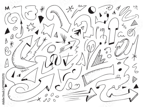 Highlight hand drawn oval frames, arrows, lines. Handdrawn marker underlines scribble doodle circle set. Ovals and ellipses line template. Stock vector illustration isolated on white background