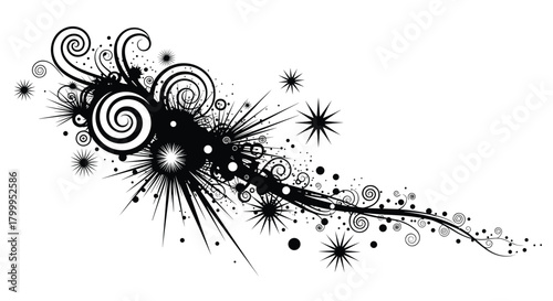 Explosive abstract flourish with swirling spirals and starbursts creates dynamic visual energy for modern design projects