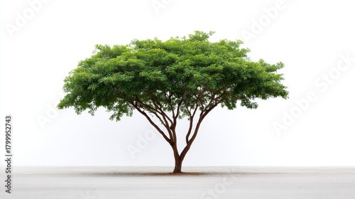 Frontal view of a lush, broadcanopy tree with vibrant green foliage and textured bark, centered on a white background with ample copy space on the right for design or branding