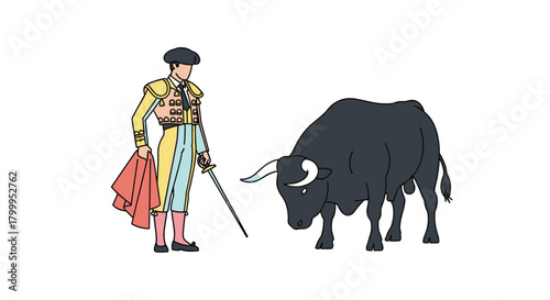 Matador in traditional costume confronts a powerful bull, ready for a dramatic Spanish bullfight spectacle