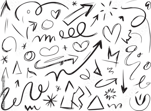 Highlight hand drawn oval frames, arrows, lines. Handdrawn marker underlines scribble doodle circle set. Ovals and ellipses line template. Stock vector illustration isolated on white background