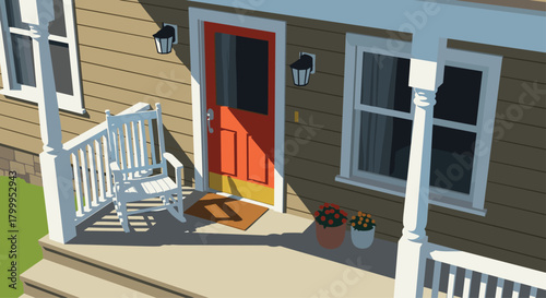 Inviting front porch with rocking chair, bright red door, and potted flowers bathed in warm sunlight