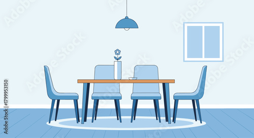 Modern dining room setup with minimalist table, chairs, and decorative vase, perfect for interior design concepts