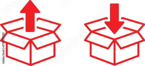 Set of minimalist red line icons showing packing and unpacking processes with arrows pointing into and out of an open box