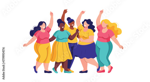 Diverse women celebrating together with joyful energy and raised fists, embodying empowerment and unity in vibrant colors