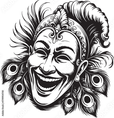 Black and white illustration of a laughing face with peacock feathers mask
