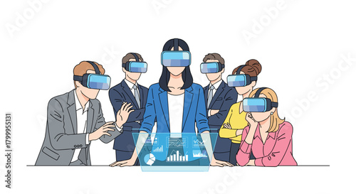 Diverse business team collaborates using advanced VR technology for immersive data visualization and future strategy planning