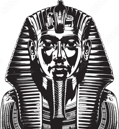 Black and white illustration of an Egyptian pharaohs headdress and face ancient egypt king