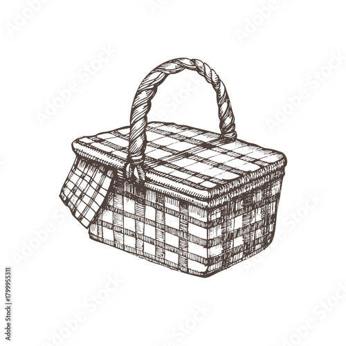 Vintage hand-drawn picnic basket illustration in engraving style. Rustic wicker container sketch perfect for picnic designs, food packaging, menus, outdoor branding and countryside themes.