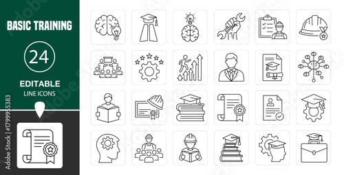 Basic Training Line Icon Set — Modern Thin Editable Stroke Vector Symbols of Skills, Development, Job Training, Learning, and Professional Growth