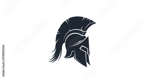 This striking graphic depicts a stylized ancient Greek warrior's helmet with a prominent plume of feathers.