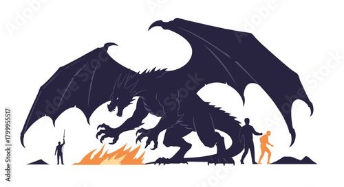 A colossal dragon unleashes its fiery breath upon a small band of adventurers who stand defiantly before it.