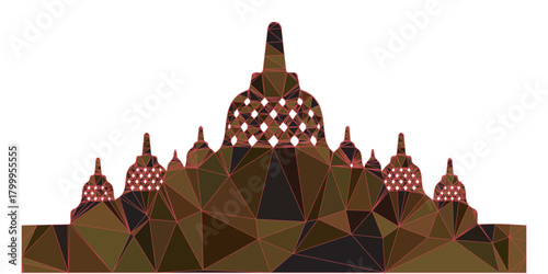 Geometric silhouette of Borobudur Temple, a Buddhist monument in Indonesia, rendered in a low-poly style with earthy tones.