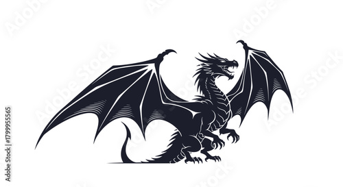 Dark winged dragon perched and ready to strike with its fearsome claws and tail extended.