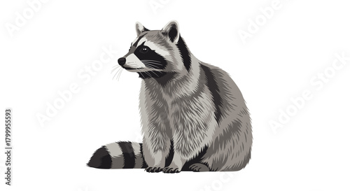 A detailed illustration of a wild raccoon sitting on a white background.